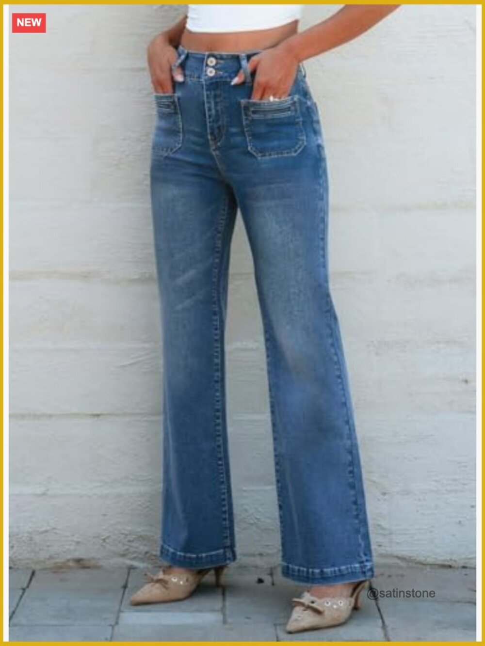 High Waisted Tummy Control Wide Leg Jeans Stretchy Cotton Blend - Picture 3 of 7